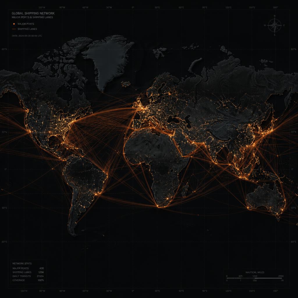 Schematic global map of major ports and CMG Lines shipping lanes
