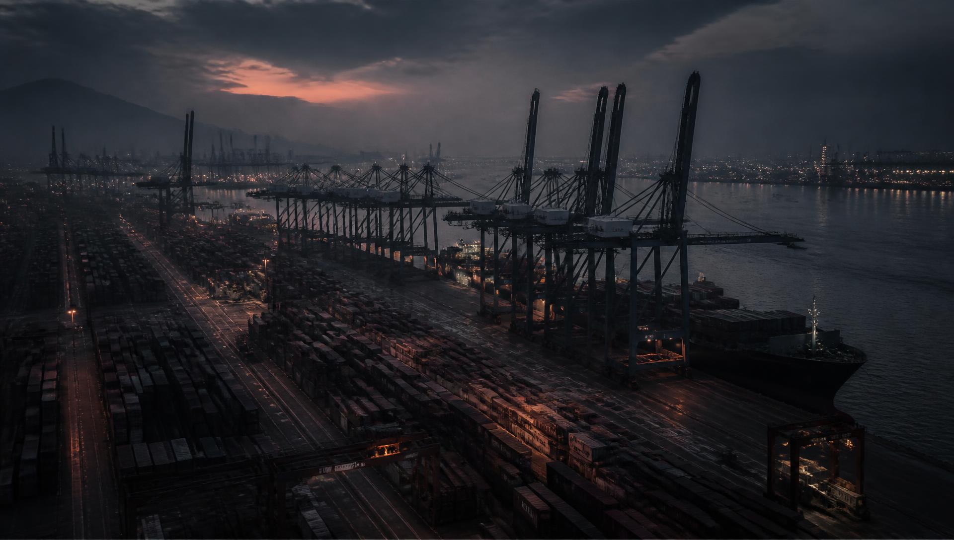 CMG Lines container terminal at dusk