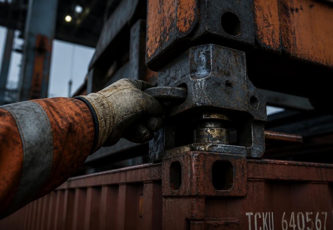 Dock worker securing a container twist-lock